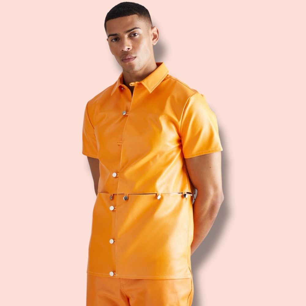 boohooman Faux Leather Button-Up Shirt – Orange – Size Large